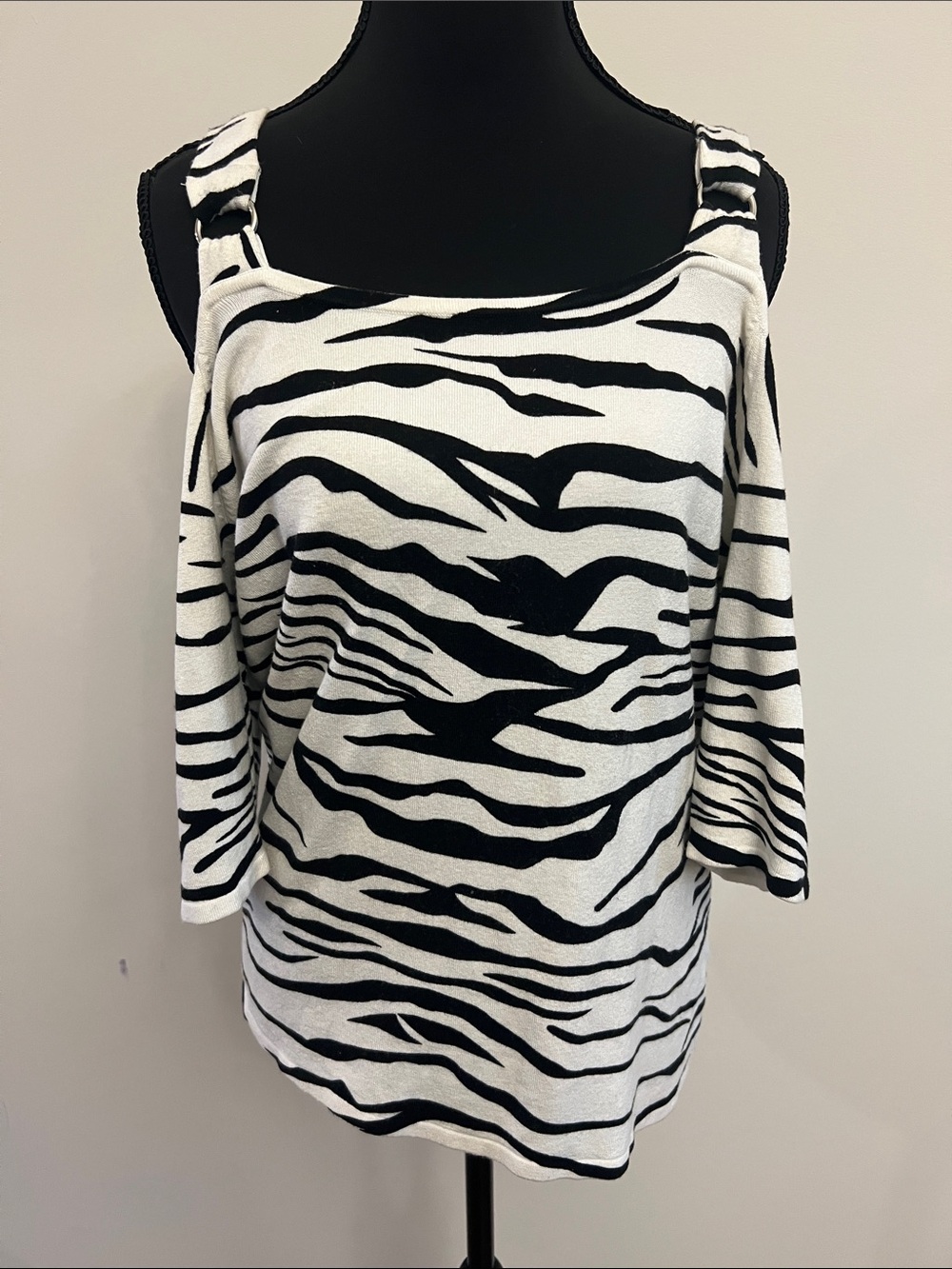 Cache Black and White Striped cold shoulder Top